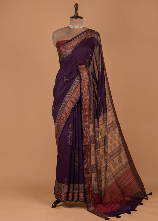 Purple Tussar Printed Saree