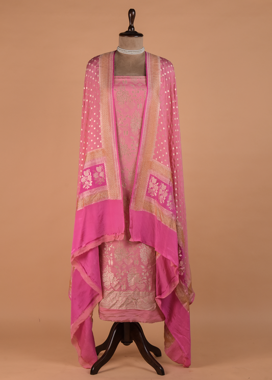 Pink Crepe Silk Dress Material | Greenways Delhi