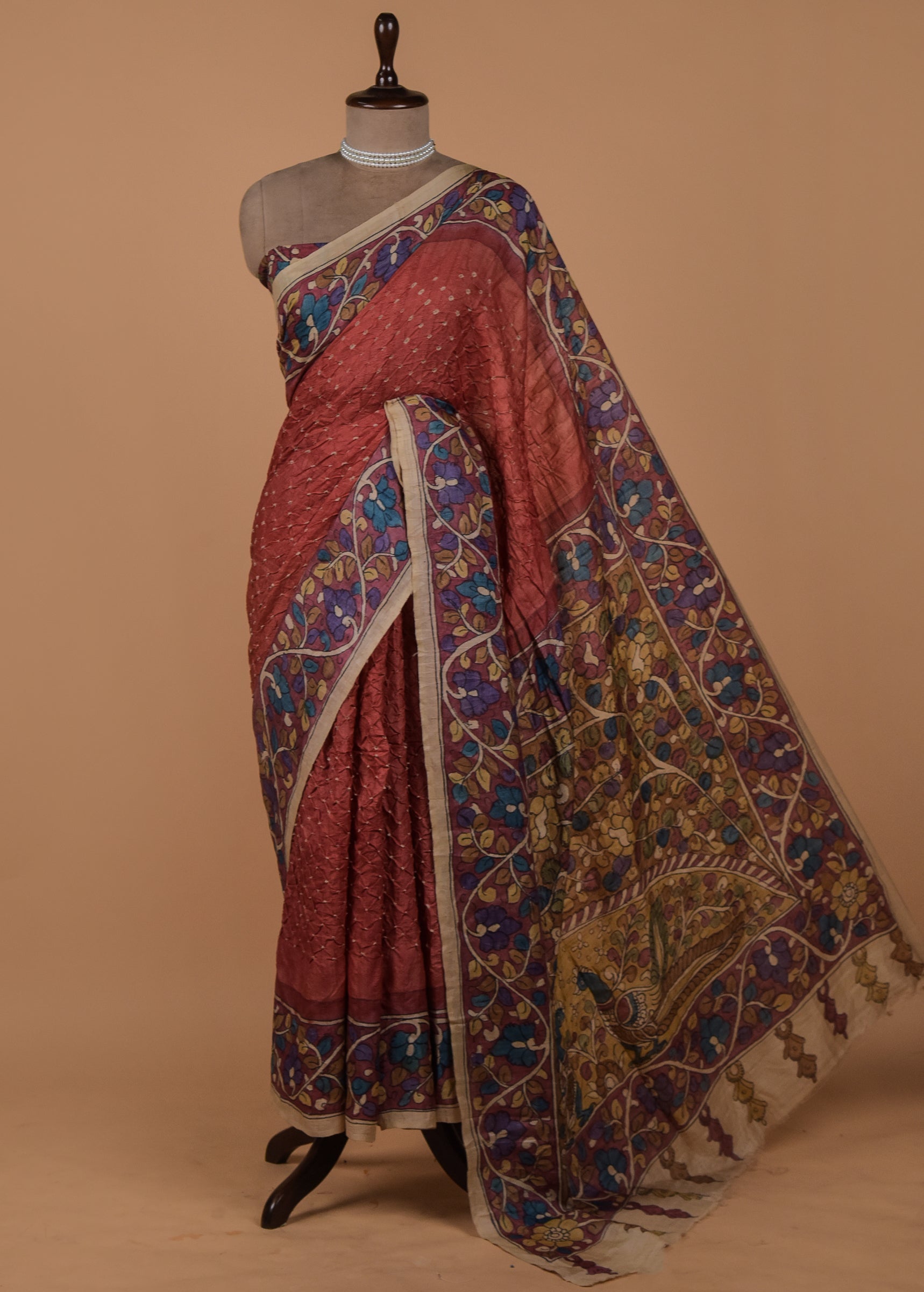 Peach Tussar Printed Saree