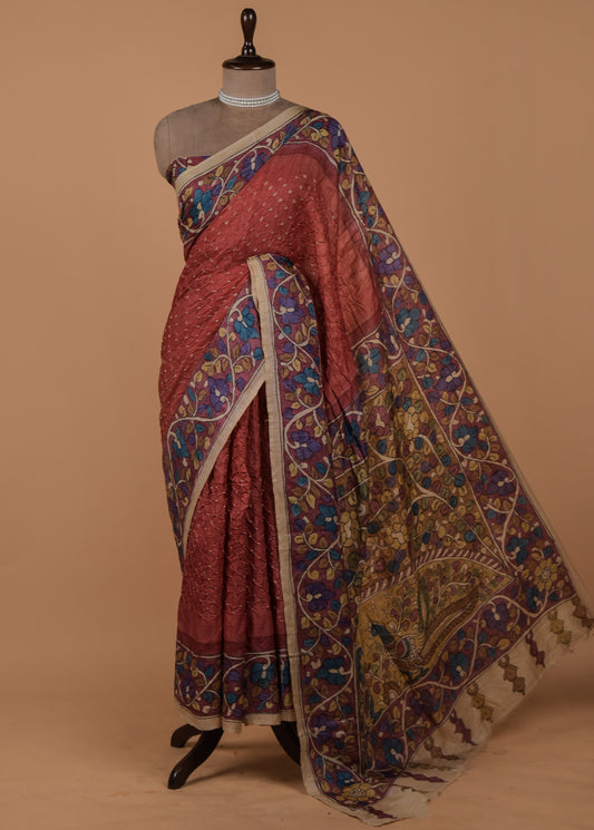 Peach Tussar Printed Saree