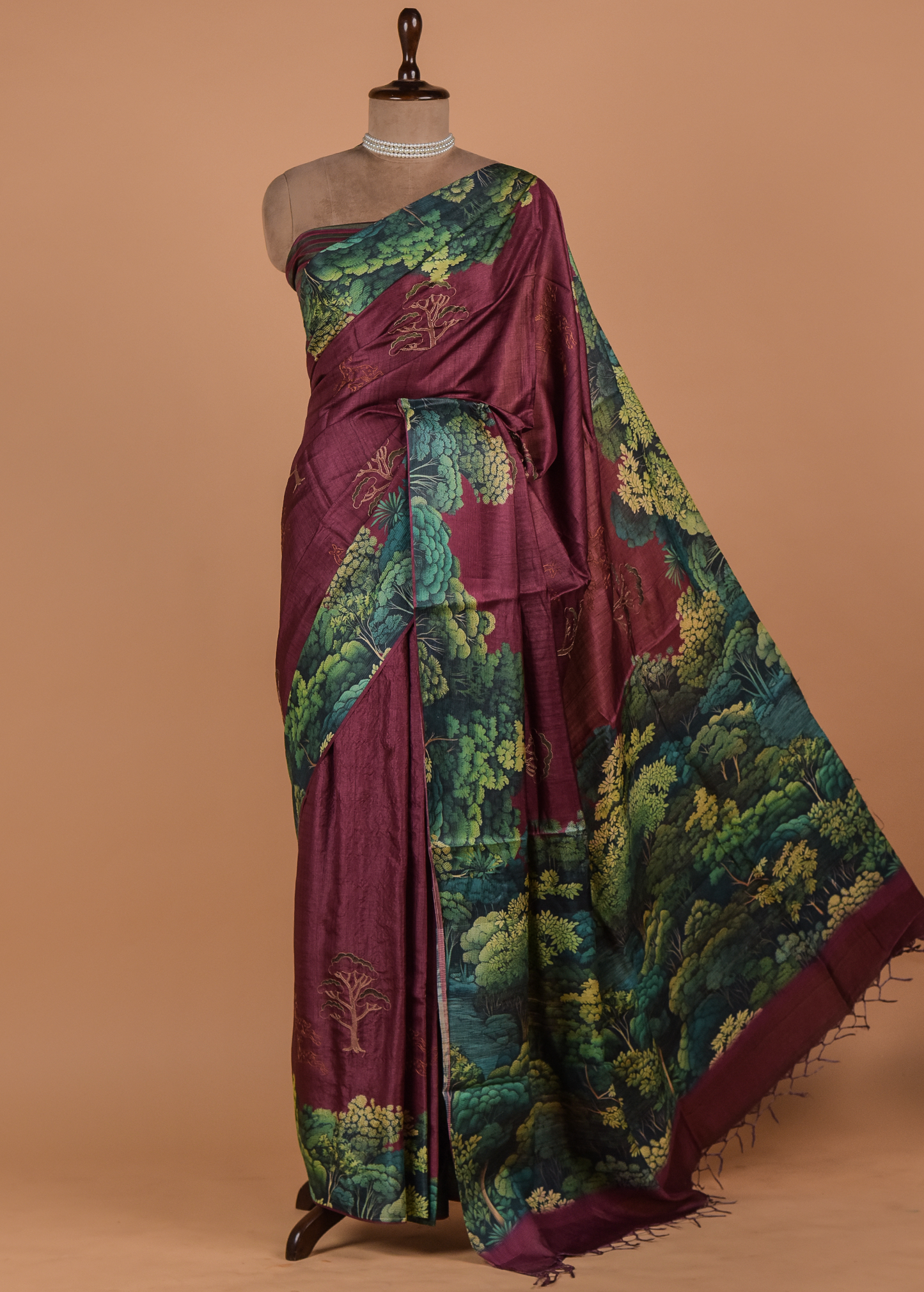 Wine Satin Printed Saree