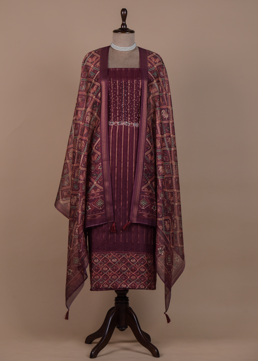 Wine Chanderi Cotton Dress Material
