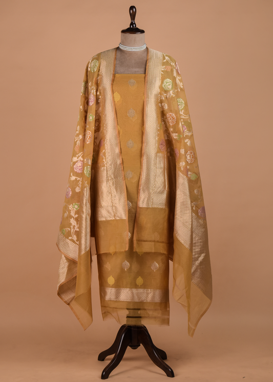 Mustard Organza Cotton Dress Material