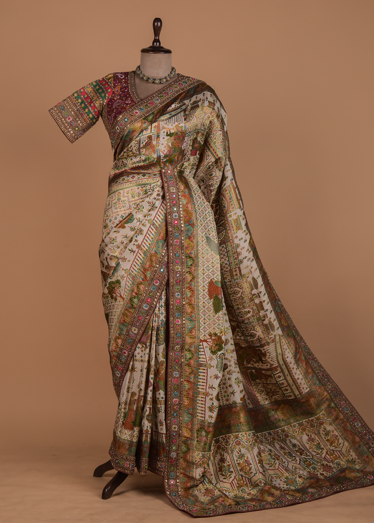 Cream Moroccan Silk Embroidered Saree