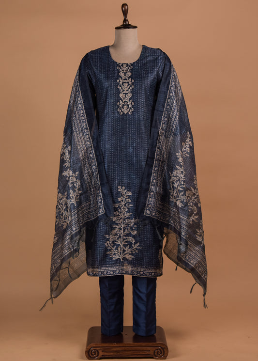 Blue Cotton Silk Straight Set