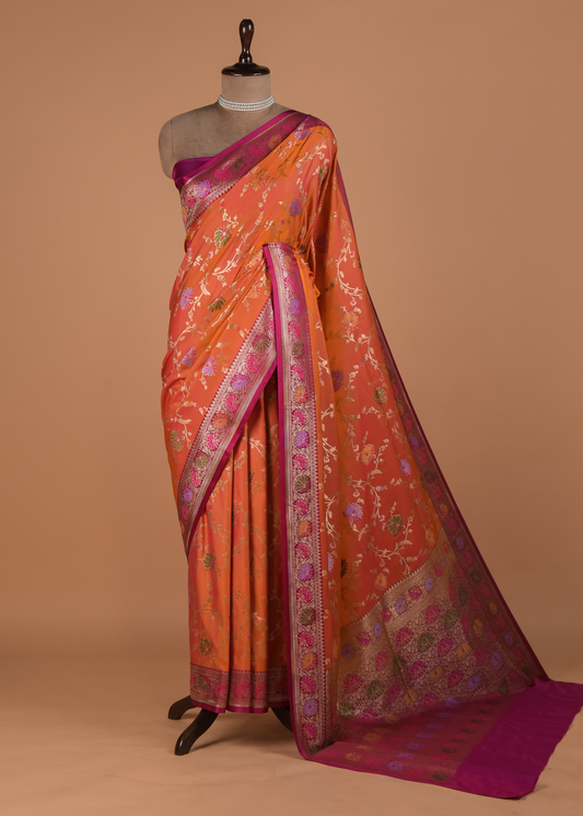 Orange Mushroo Silk Banarasi Saree