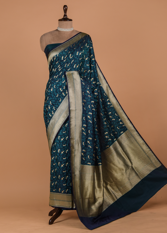 Blue Moroccan Silk Embroidered Saree