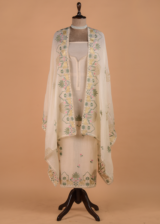 White Muslin Chanderi Dress Material