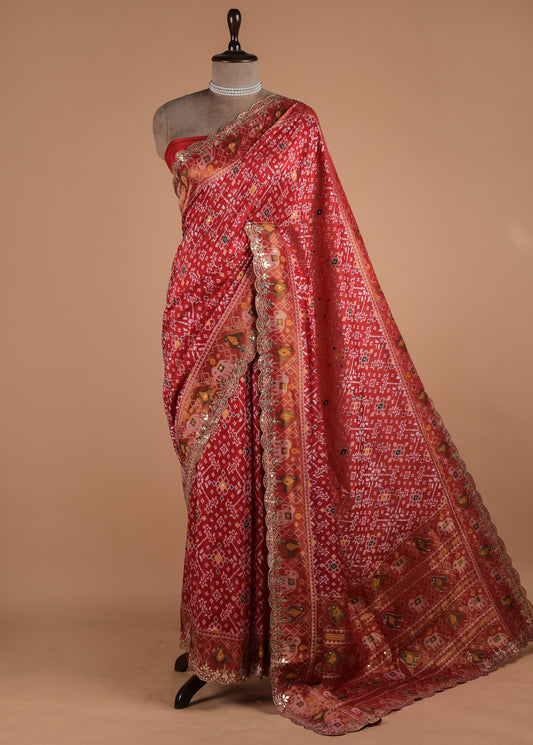 Red Moroccan Silk Embroidered Saree
