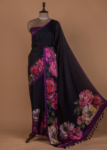 Black Satin Printed Saree