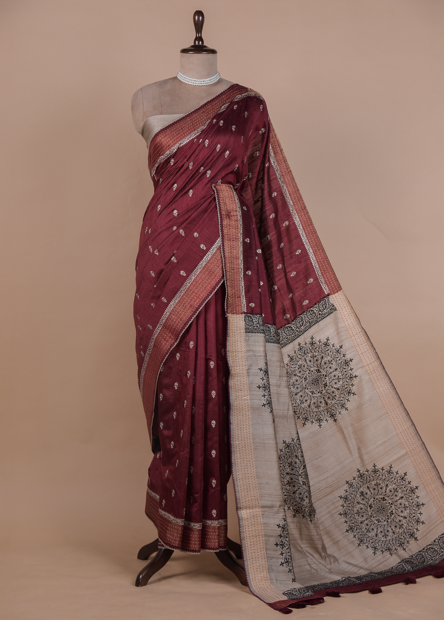 Red Handloom Tussar Embroidered Saree