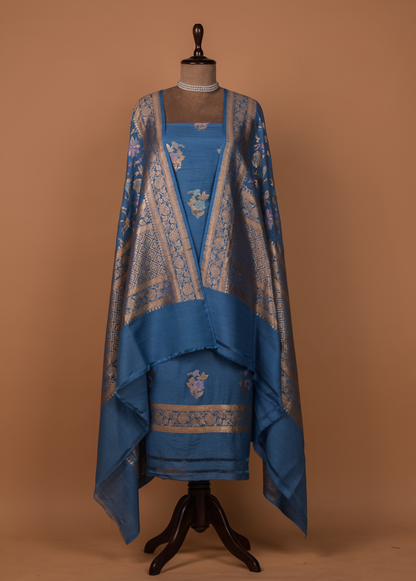 Blue Munga Tussar Silk Dress Material