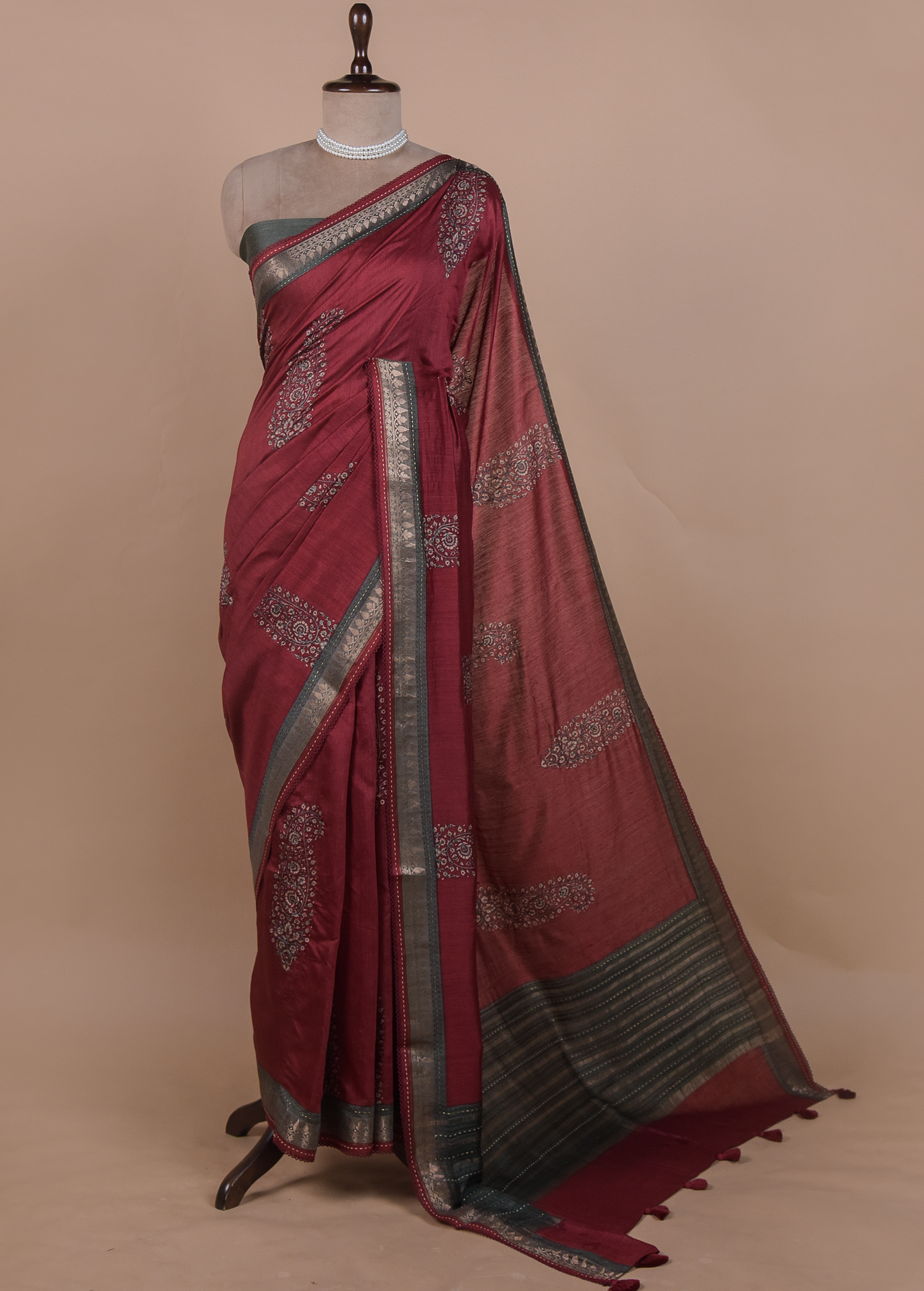 Red Tussar Embroidered Saree