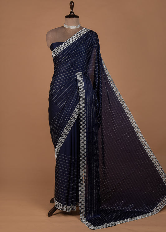 Blue Satin Embroidered Saree