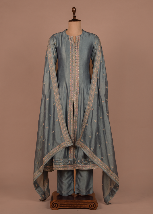 Blue Cotton Silk A Line Set