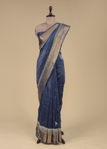 Blue Linen Embroidered Saree
