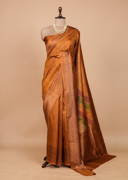 Mustard Tussar Silk Printed Saree