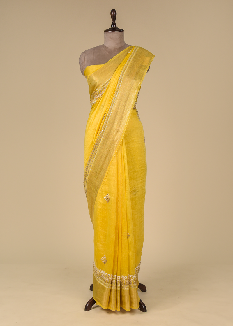 Yellow Linen Embroidered Saree