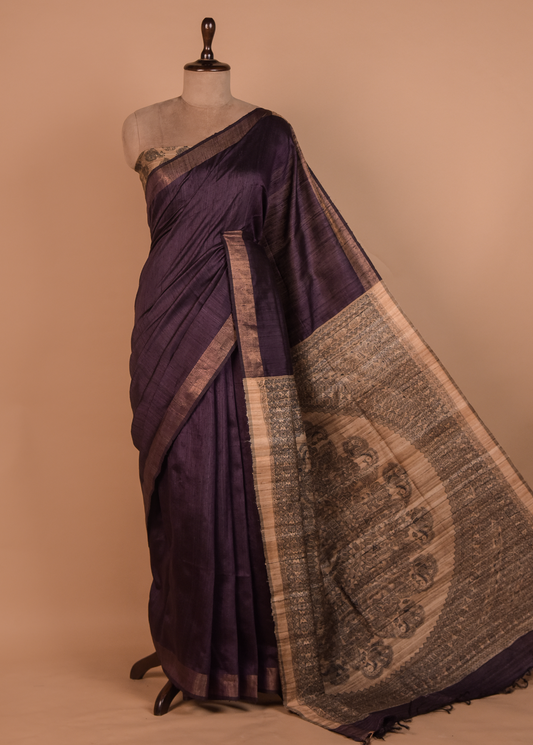 Purple Tussar Printed Saree