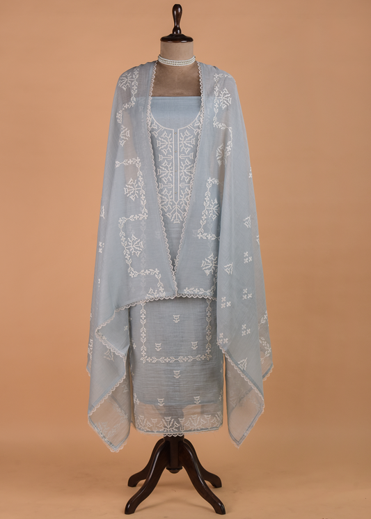 Blue Muslin Chanderi Dress Material