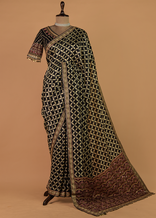 Black Hand Embroidered Crepe Silk Saree | Greenways Delhi