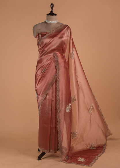 Peach Tissue Organza Embroidered Saree