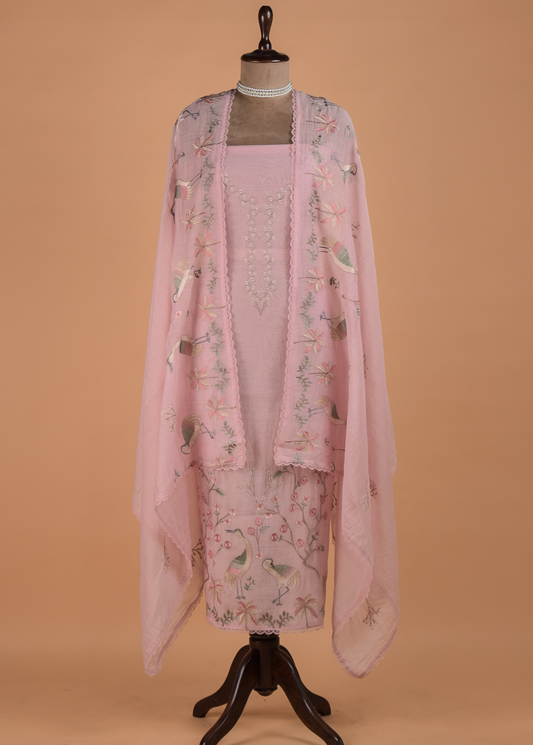 Pink Muslin Chanderi Dress Material