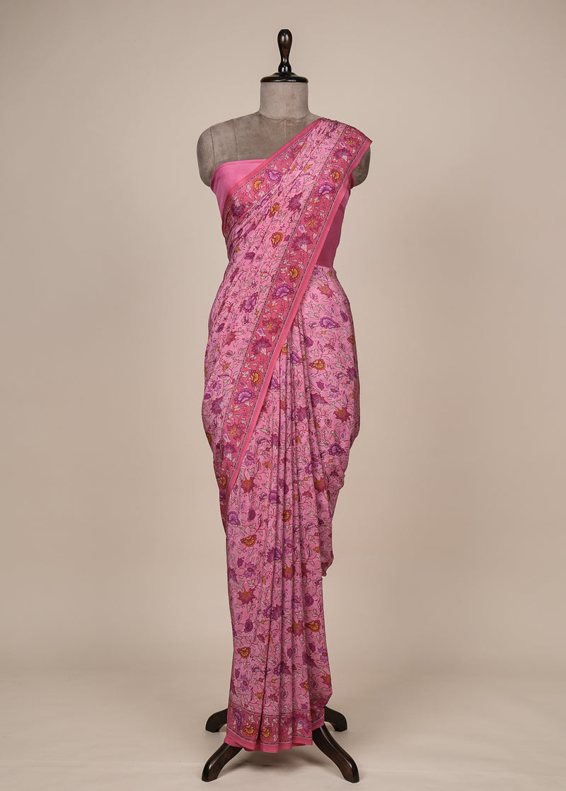 Pink Crepe Printed Saree