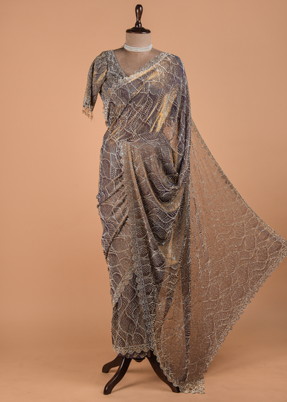 Metallic Silver Shimmer Georgette Embroidered Saree