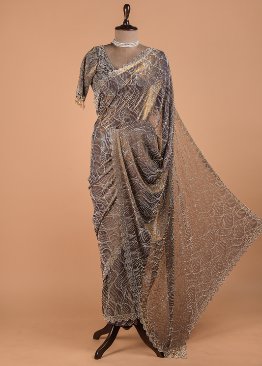 Metallic Silver Shimmer Georgette Embroidered Saree