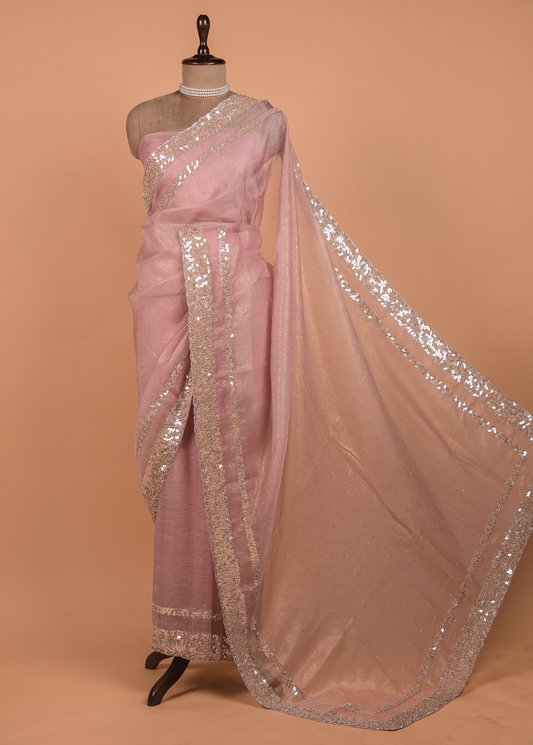 Pink Tissue Georgette Embroidered Saree
