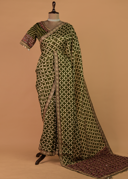 Green Hand Embroidered Crepe Silk Saree | Greenways Delhi