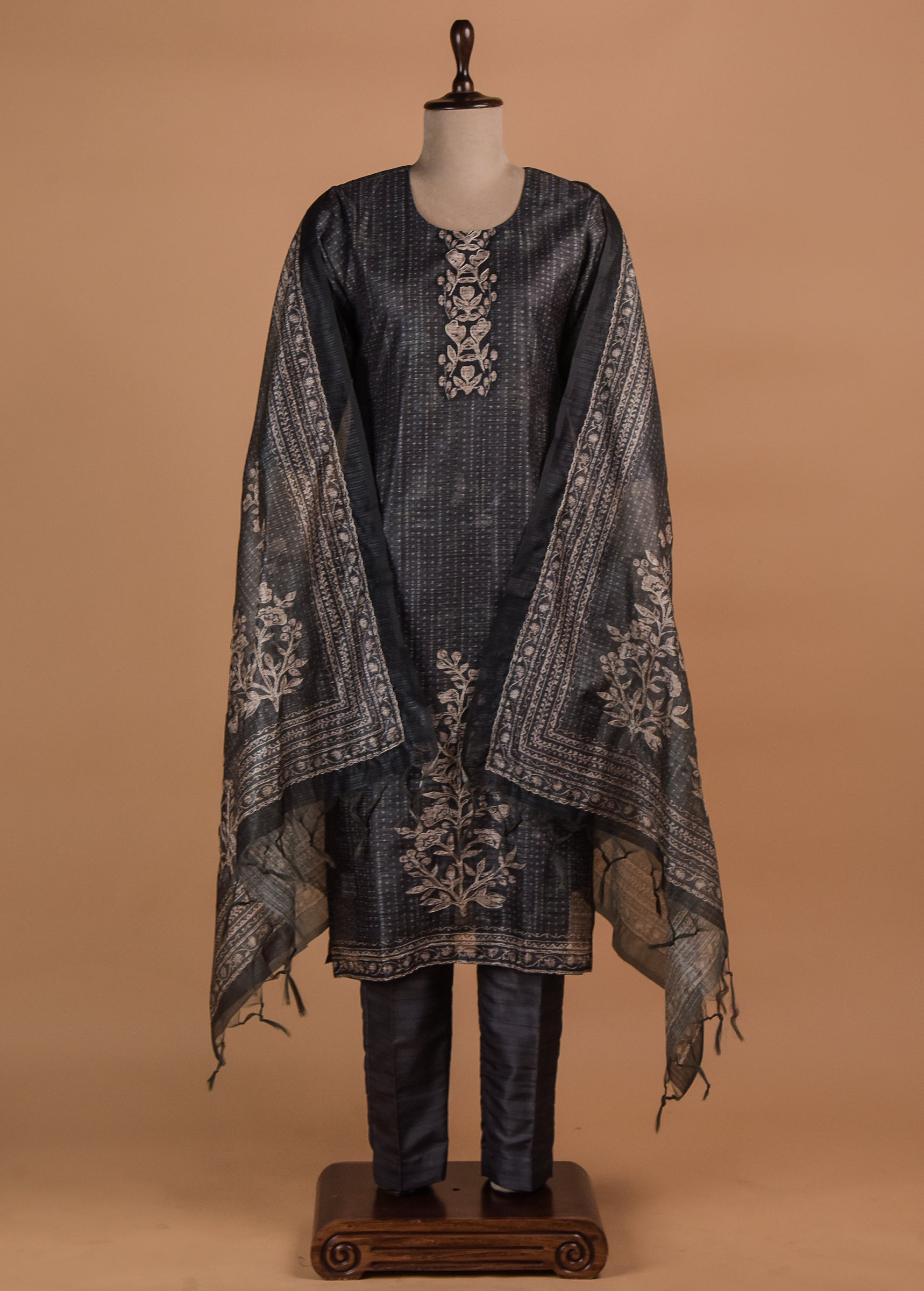 Grey Cotton Silk Straight Set