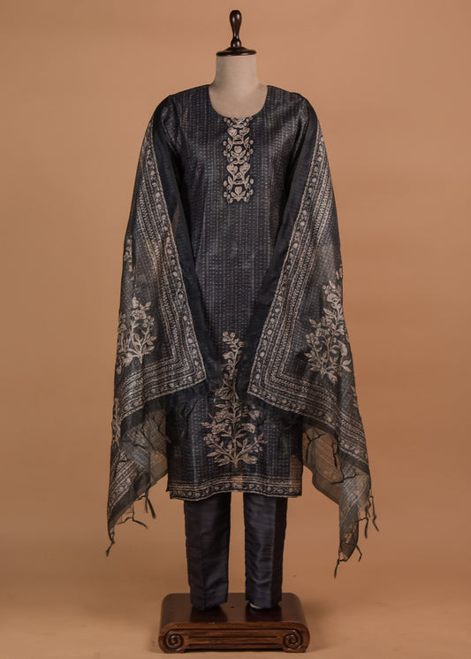 Grey Cotton Silk Straight Set