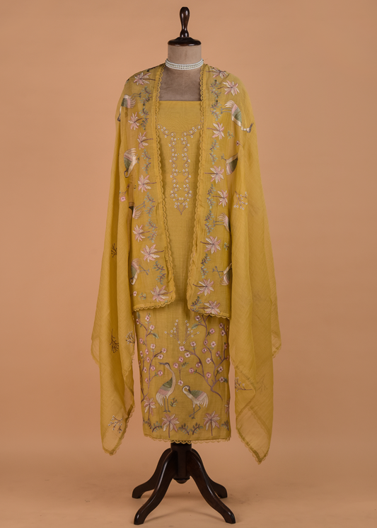 Yellow Muslin Chanderi Dress Material