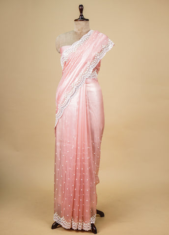 Pink Tissue Embroidered Saree