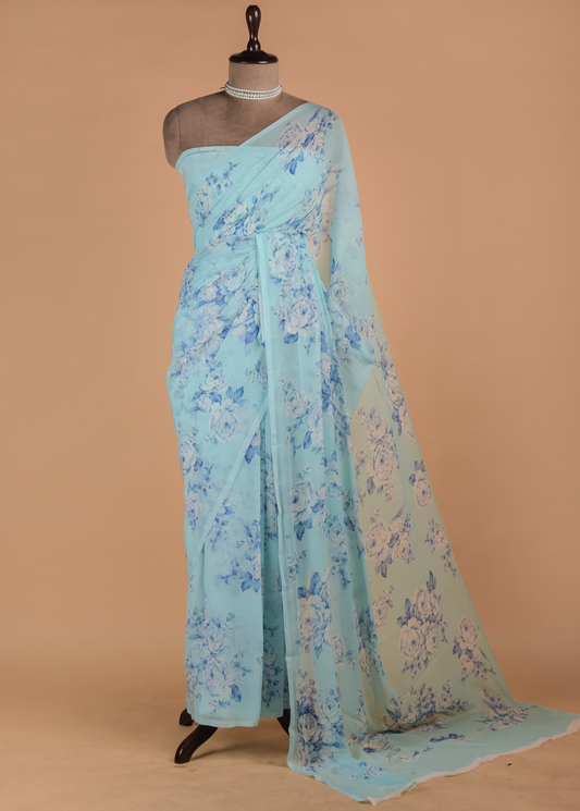 Blue Chiffon Printed Saree