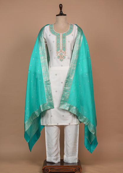 White Cotton Silk Straight Set