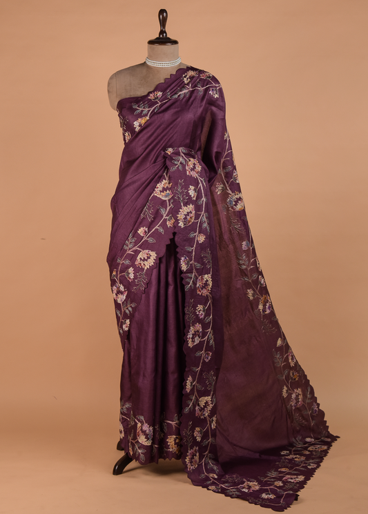 Purple Tussar Embroidered Saree