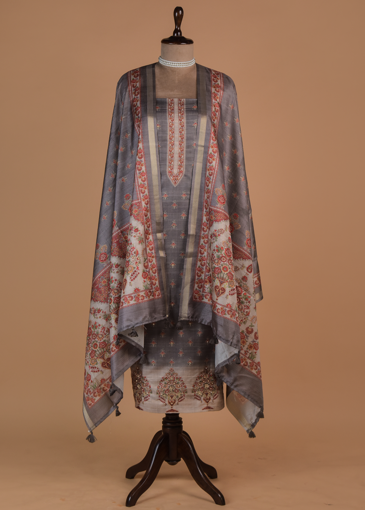 Grey Cotton Tussar Dress Material