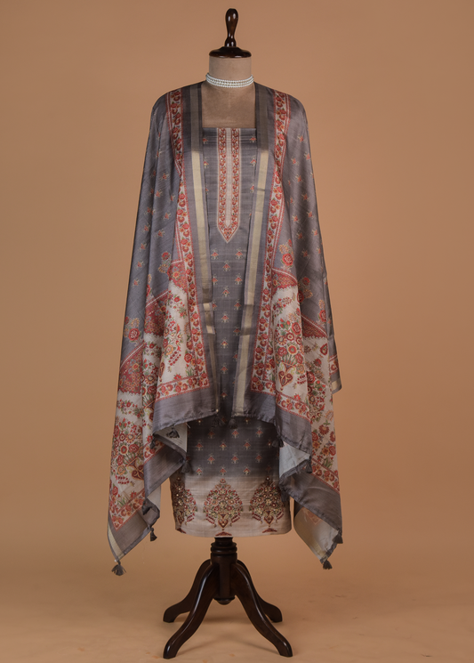 Grey Cotton Tussar Dress Material