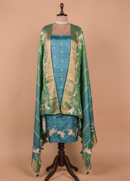 Blue Tussar Silk Dress Material