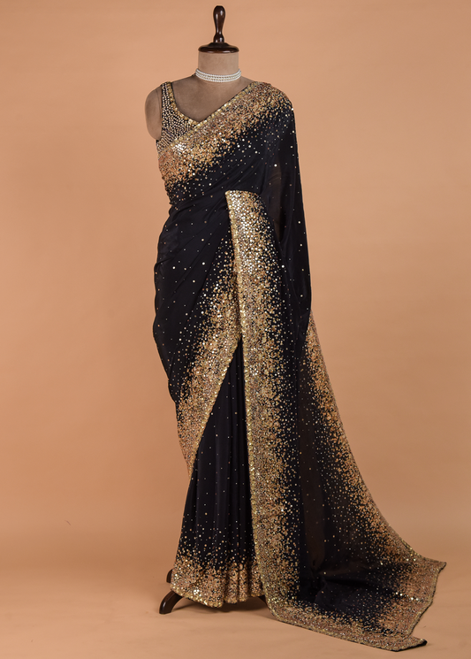 Blue Crepe Silk Embroidered Saree