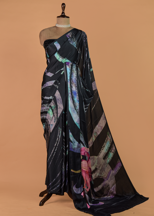 Black Printed Silk Saree | Greenways Delhi