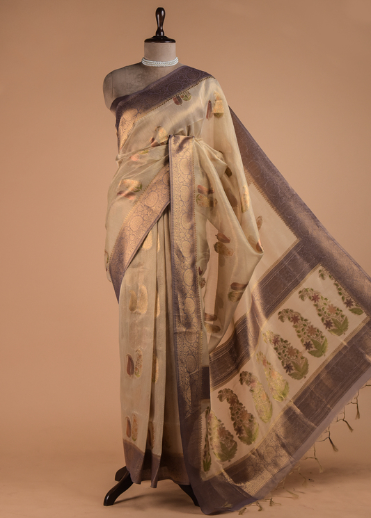 Beige Tissue Cotton Banarasi Saree