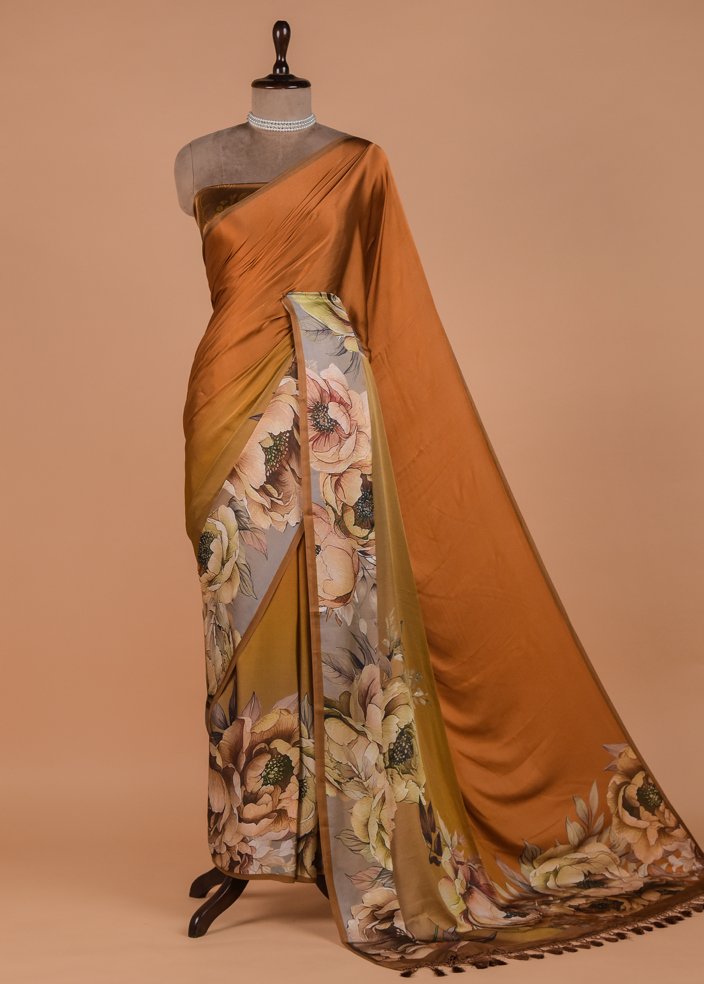 Mustard Satin Printed Saree