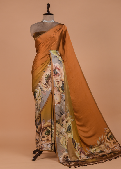 Mustard Satin Printed Saree
