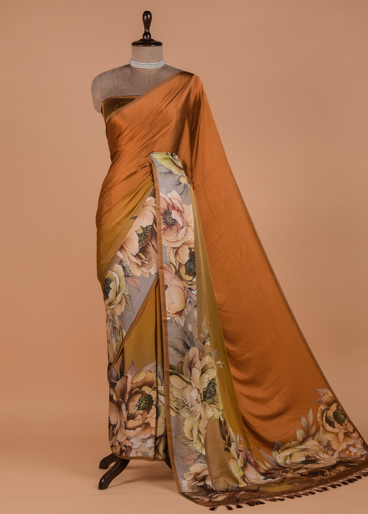 Mustard Satin Printed Saree