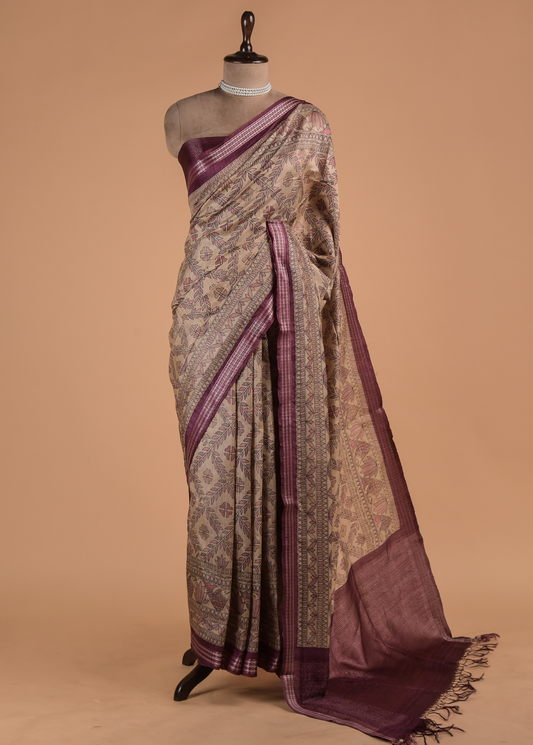 Pink Tussar Printed Saree