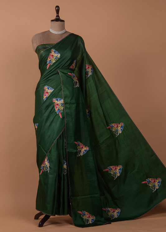 Green Tussar Embroidered Saree
